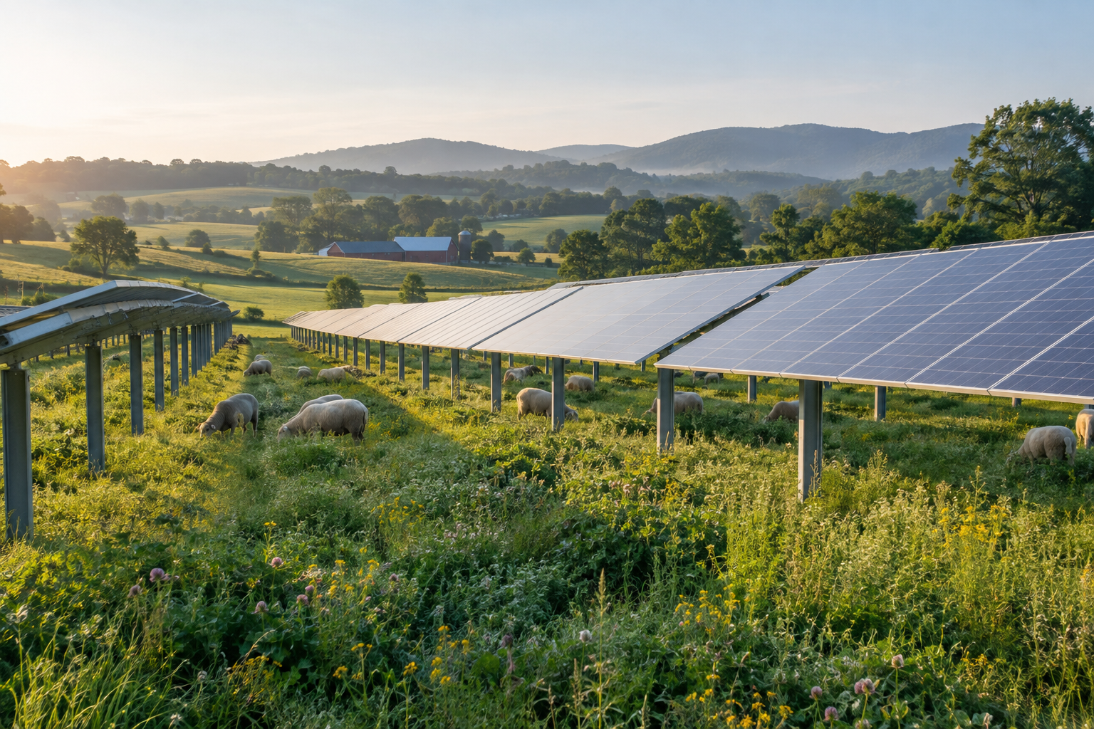 Illustrative agrivoltaics project with sheep grazing beneath elevated solar panels