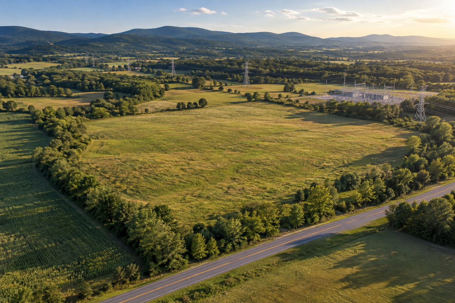 Open Virginia farmland near transmission lines, a substation, and road access