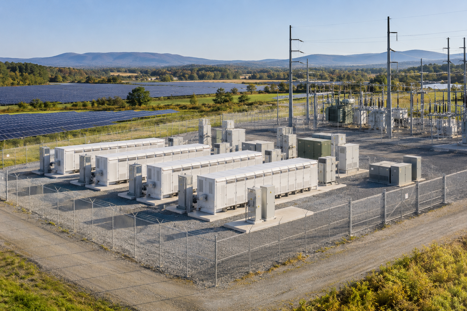Illustrative battery energy storage system beside solar and electrical infrastructure