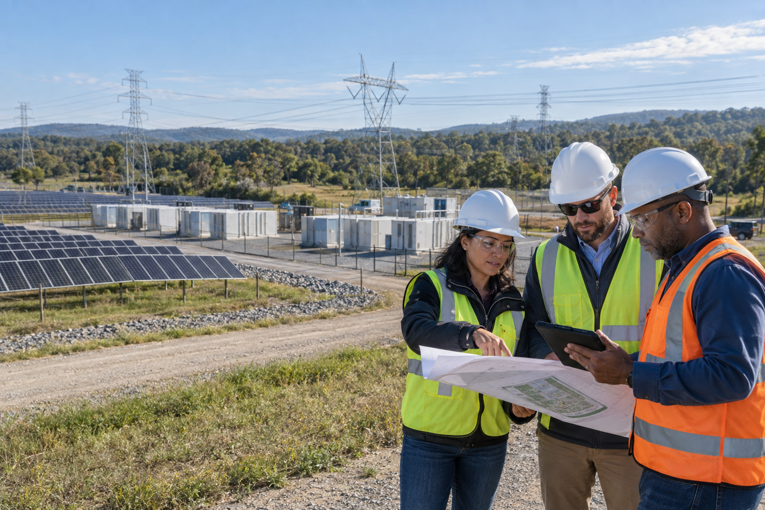 Renewable energy development team reviewing a site plan